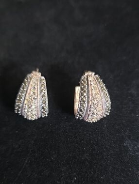 Sterling Silver, Marcasite And Crystal Dome Pierced Earrings